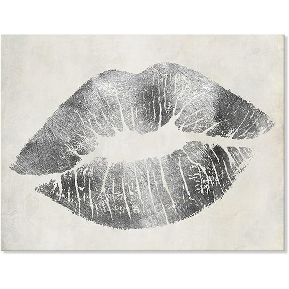 VELVET Silver Wall Decor Glam Lip Canvas Wall Art Gray and White Sexy Woman Lip Picture Patg Gallery Wrapped for Bedroom Makeup Room Decoration 16x12inch Framed