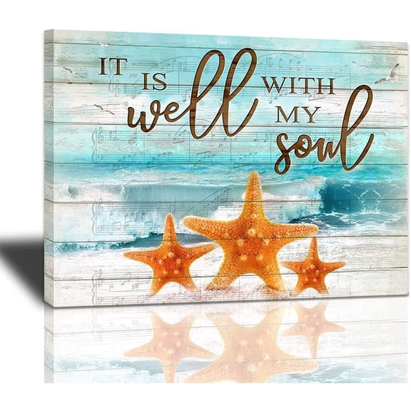 VELVET Starfish Bathroom Decor Wall Art Coastal Beach Starfish spirational Quotes It is Well with My Soul Picture Wall Decor Music Ocean Canvas Patg Prt Artwork for Livg Room Bedroom 24x20inch Framed