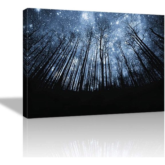 VELVET Starry Night Forest Canvas Wall Art Prints Landscape Canvas Picture Wall Decal Stretched and Easy Hanging On Home Decor 16x12inch Framed