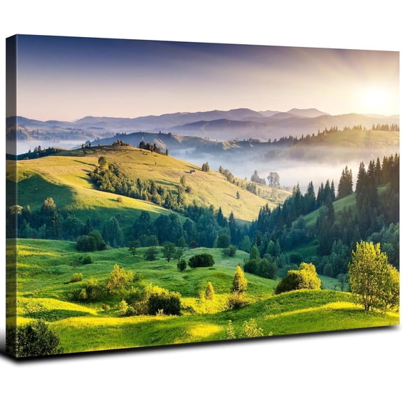 VELVET Sunrise Mountain Wall Art Misty Forest Landscape Canvas Decor Large Green Nature Scenery Prints Picture Painting Modern Artwork for Bedroom Living Room Office Home Decoration 20x16inch Framed