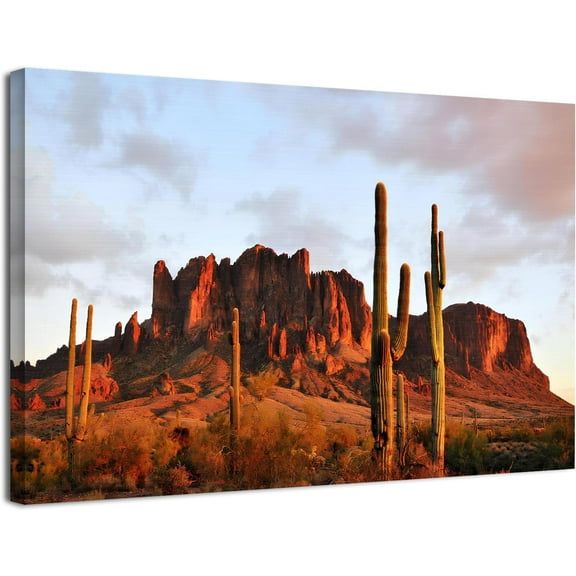 VELVET Superstition Mountain Wall Art Sunset Desert Landscape Wall Decor for Living Room Arizona Scenic Canvas Prints with Cactus Pictures Nature Mountains Scenery Artwork Decoration 24x20inch Framed