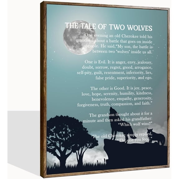 VELVET The Tale of Two Wolves, Wolf Wall Art, Canvas Wall Artspirational Quote Decor, Wolfs Décor, Wolfish Gifts, wolfish Canvas Décor (Blue) 16x24inch Framed