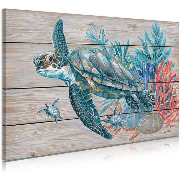 VELVET Teal Bathroom Decor Wall Art, Beach Turtle Swim Under the Ocean with Coral and Turquoise Seagrass on Rustic Wood Panel Background Sea Turtle Gifts for Women and Ready to Hang 24x16inch Framed