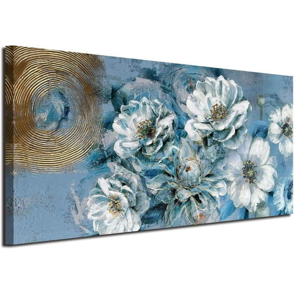 VELVET Teal Flowers Canvas Wall Art Magnolia White Floral Picture Gold Textured Grey Blue Patg Turquoise Artwork for Livg Room Bedroom Bathroom Home Office Wall Decor, Large 20x16inch Framed
