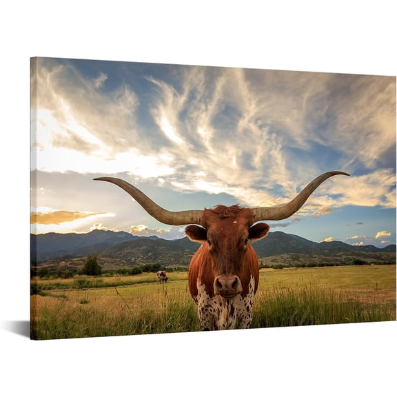 VELVET Texas Animal Canvas Wall Art Highland Cattle with Long Horns Picture Longhorn Sunset Farm Painting for Home Decor Modern Living Room Decorations 24x16inch Framed