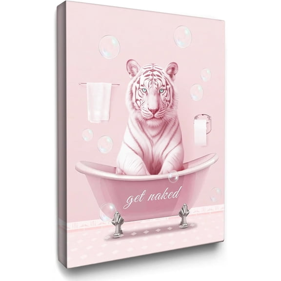 VELVET Tiger Bathroom Decor Wall Art Pink Bathroom Painting Wall Decor Tiger Sitting Bathtub Posters Home for Bathroom Toilet Decoration 11x14inch Framed