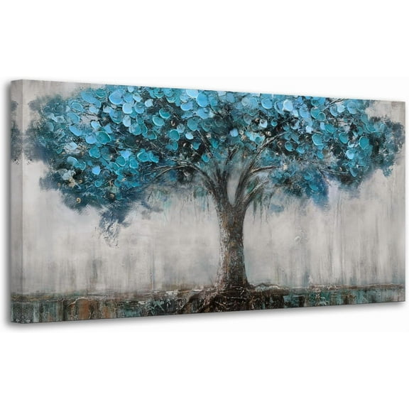 VELVET Tree Wall Art Blue Nature Landscape Abstract Canvas Painting, Modern Tree of Life Textured Picture Artwork Large for Living Room Bedroom Bathroom Kitchen Office Home Decor 18x12inch Framed