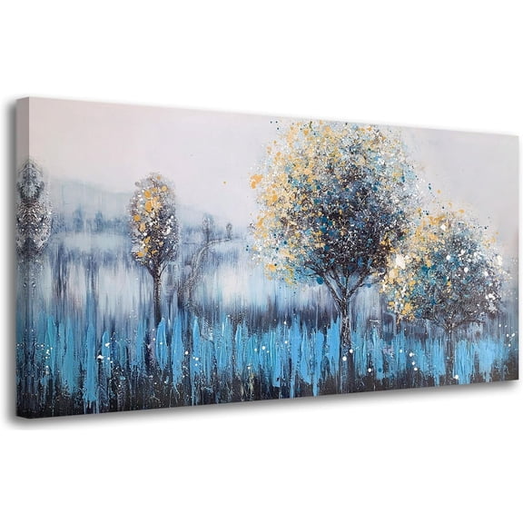 VELVET Tree Wall Art Canvas Teal Landscape Painting Blue Forest Textured Picture Modern Panoramic Abstract Nature Artwork Large for Living Room Bedroom Bathroom Home Office Wall Decor 10x8inch Framed