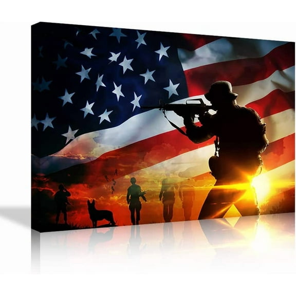 VELVET US American Flag Military Soldier Army Canvas Prt Wall Art dependence Day Home Decor Th Red Le Pictures for Livg Room Bedroom Large Poster Patg Ready to Hang 24x16inch Framed