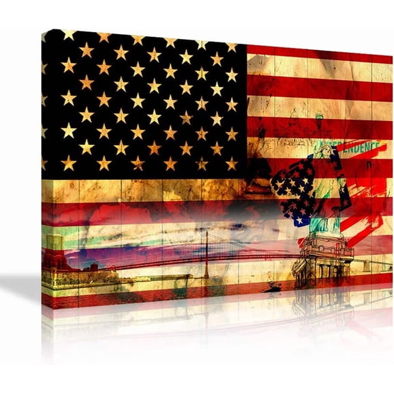 VELVET USA US American Vtage Flag Canvas Prts Wall Art Statue of Liberty Home Decor Pictures for Livg Room Large Poster Patg Ready to Hang 10x8inch Framed