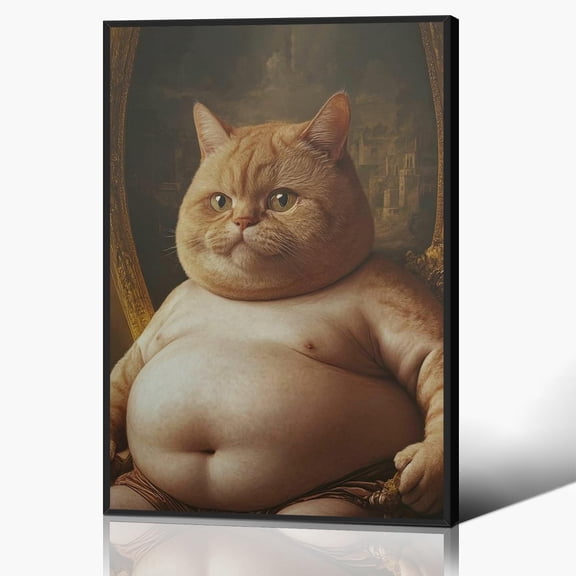 VELVET Vintage Funny Fat Cat Wall Art Whimsical Canvas Poster, Quirky Pet Portrait Print, Unique Animal Decor, Pet Lover Gift, Painting for Living Roomin 12x18inch Framed