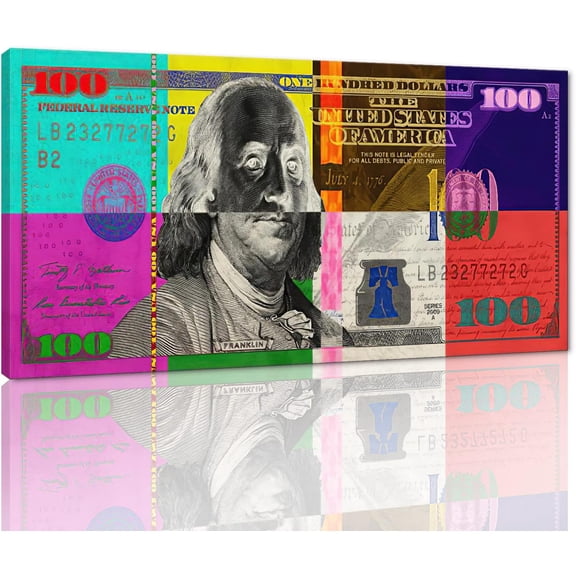 VELVET Vivid Colorful 100 USD Artwork Abstract Creative Benjam Frankl 100 Dollar Bill Color Blocks Canvas Patgs Wall Art HD Prt Modern Home Office Decor Gallery Wrapped Easy to Hang 10x8inch Unframed