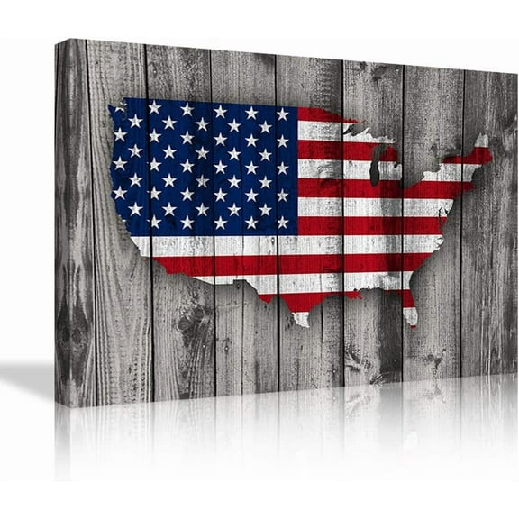 VELVET Vtage Wooden American Flag Map Canvas Red Blue Wall Art Patriotic USA Flag Patg dependence Day Artwork Prt Giclee for Livg Room Home Decor Stretched Ready to Hang 20x16inch Framed