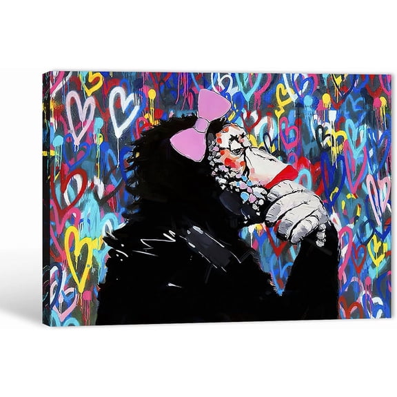 VELVET Wall Art Colorful DJ Monkey Chimp Graffiti Poster Playing the Street Art, Modern Pop Artwork for Living Room Feature 24x16inch Framed