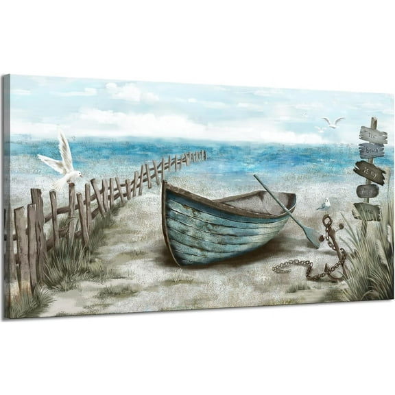 VELVET Wall Art for Living Room Large Beach Decor Picture Seagull Vintage Boat Ocean Sea Bird Canvas Print Seascape Nautical Painting Blue Teal Rustic Coastal Themed Cottage Décor 16x12inch Framed