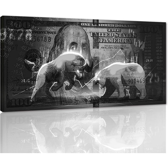 VELVET Wall Street Chargg Bull Bear Canvas Patgs 100 Dollar Bill Money Poster Wall Art Picture Office Wooden Easy and Ready to Hang- 10x8inch Unframed