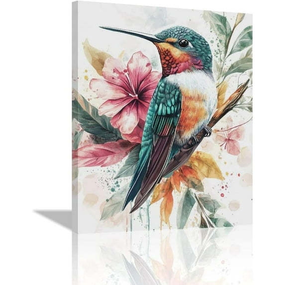 VELVET Watercolor Hummingbird Wall Art Country Flower Bird Pictures Wall Decor Colorful Canvas Painting Modern Home Artwork Decorations for Bathroom Bedroom Living Room Office 12x18inch Framed