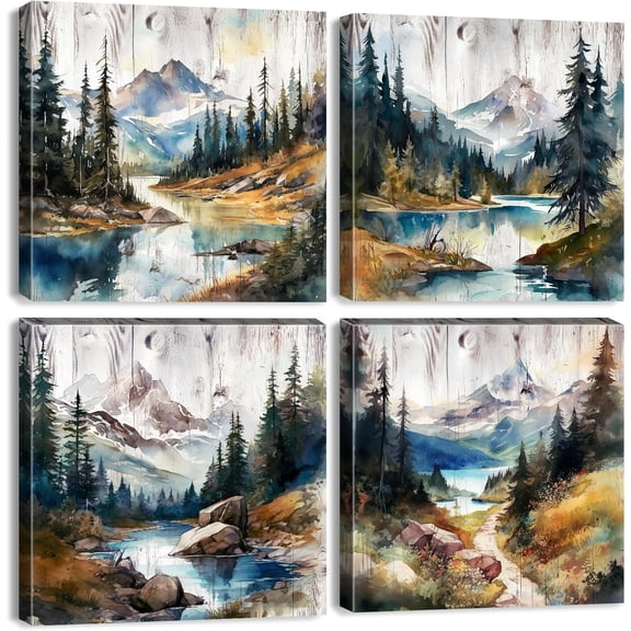 VELVET Watercolor Mountain Wall Art Rustic Vintage Forest Scene Canvas Pictures Decor Abstract Blue Sky Pine Tree River Landscape Painting for Living Room Kitchen Decoration 4 Pcs 14x11inch Framed