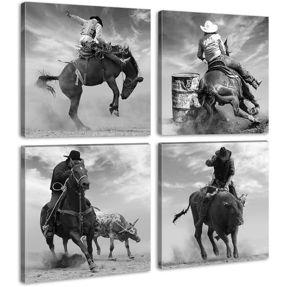 VELVET Western Decor Cowboy Wall Art Black and White Cowboy Riding Horse Pictures Wall Decor Bull Riding Rider Canvas Painting Prints Vintage Rodeo Sports Art Posters Men's Artworkx4 14x11inch Framed