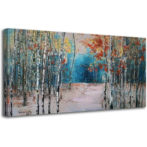 VELVET White Birch Tree Canvas Wall Art Blue Forest Painting Landscape Picture, Teal Nature Artwork Modern Large for Living Room Bedroom Bathroom Dinning Room Home Office Wall Decor 16x12inch Framed