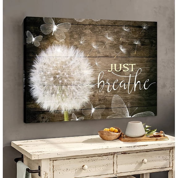 VELVET White Dandelion and Butterflies Just Breathe Quotes Poster Brown Rustic Wall Art Canvas Paintings Beautiful Decorative Decor Pictures Country Wall Decor Prints for Nursery 10x8inch Framed