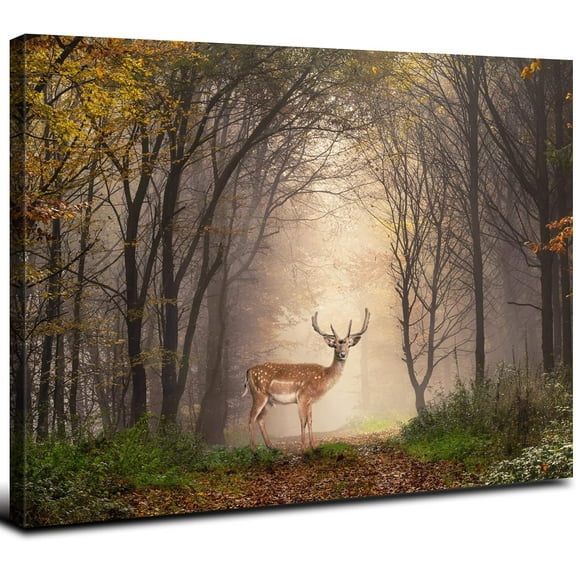 VELVET Wild Animal Landscape Canvas Wall Art Deer Autumn Foggy Forest Picture Wall Decor Elk Wildlife Scenery Photo Prints Painting Decoration for Modern Living Room Bedroom Home Art 16x12inch Framed