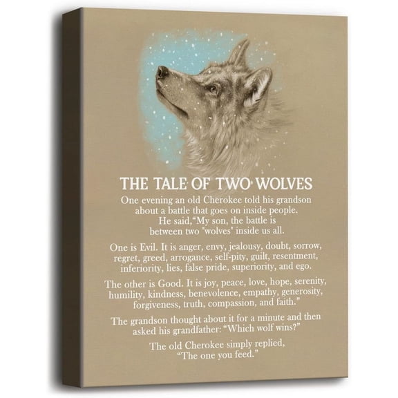VELVET Wolf Poster, The Tale of Two Wolves, Canvas Wall Artspirational Quote Decor, Wolf Décor, Wolf Gifts, Canvas Prints Poster Wall Art (Khaki) 11x14inch Framed