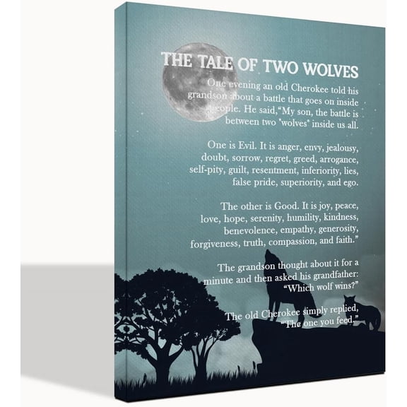 VELVET Wolf Wall Art: The Tale of Two Wolves Native Americanspirational Quote Canvas Poster, Decor, Gifts 16x24inch Framed