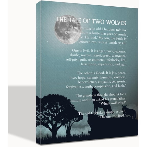 VELVET Wolf Wall Art, Wolf Poster, The Tale of Two Wolves, Canvas Wall Artspirational Quote Decor 16x20inch Framed