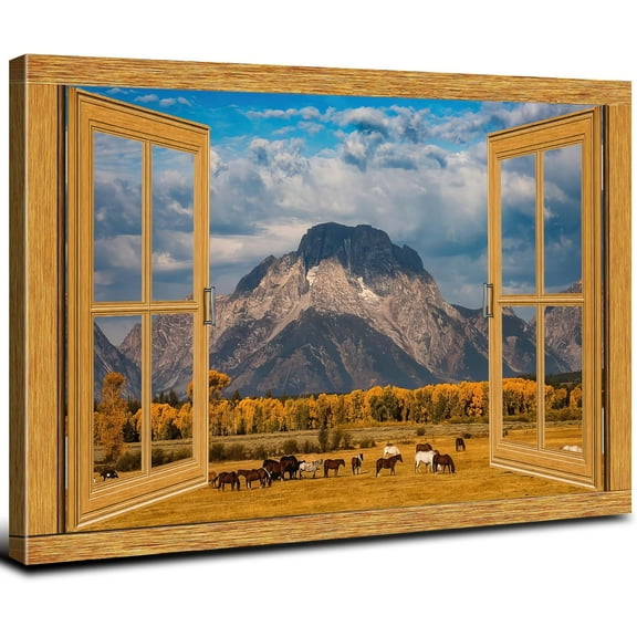 VELVET Wyoming National Park Wall Art Wild Animals Horse Posters for Living Room Fake Open Windows Style Grand Teton Farm Mountains Canvas Prints Pictures Brown Artwork Decorations 14x11inch Framed
