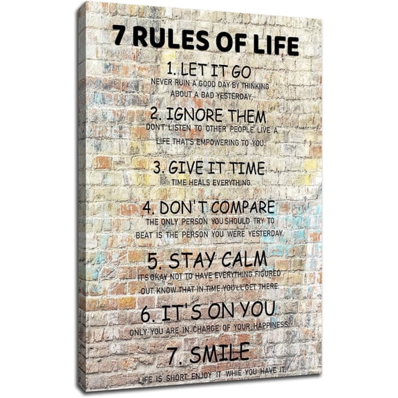 VELVET spirational Canvas Wall Art 7 Rules of Life Motivational Poster Wall Decor Color Positive Quotes Prt Artwork Livg Room Art for Home Bedroom Bathroom Ready to Hang 16x20inch Framed