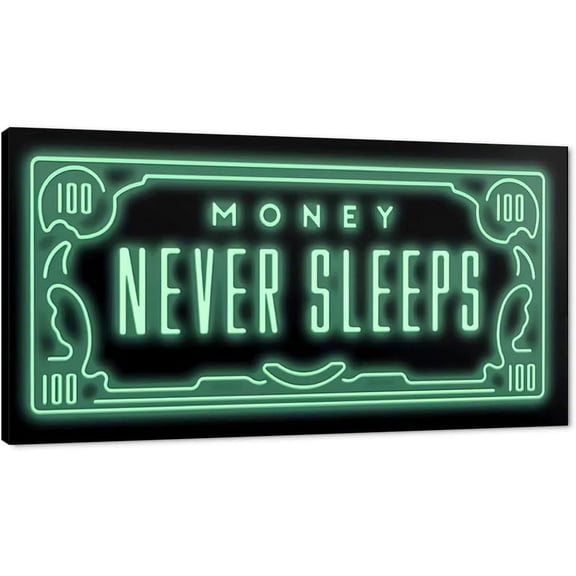 VELVET spirational Office Wall Art, Money Posters Green 100 Dollar Artwork Money Never Sleeps Quote Wall Decor Motivational Picture for Modern Home Workplace Decorations - 20x16inch Framed