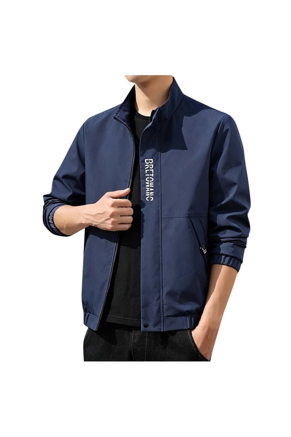 Men Full Zip Stand Collar Work Jacket Windproof Business Golf Casual Outerwear Coat With Zipper Pockets For Outdoor Daily Wear Blue