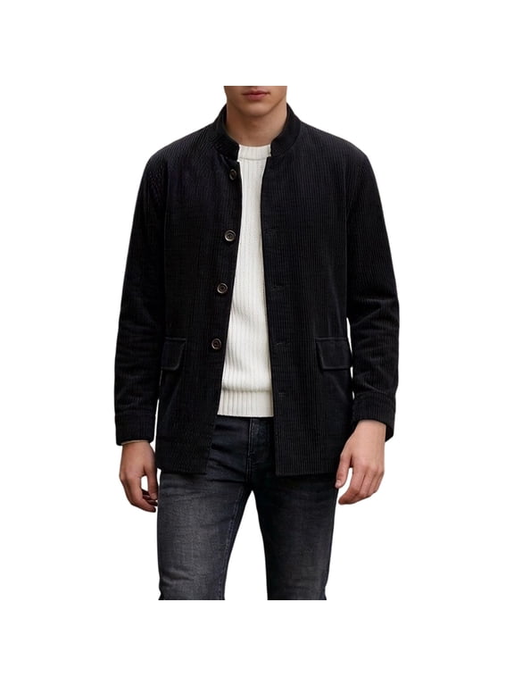 Men's Mandarin Collar Spring Autumn Corduroy Jacket, Fashion Vintage Button Front Casual Suit Coat with Pockets Black