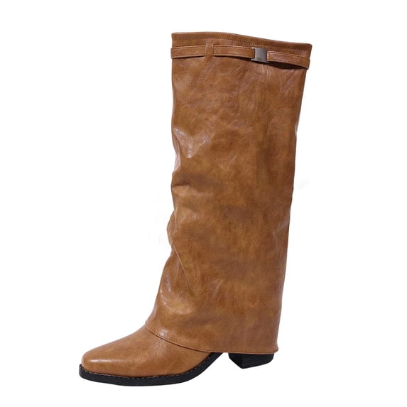 VELXRUN Women's Knee High Boots Casual Comfort Pointed Toe Low-Heeled Fold Over Tall Boots for Daily Wear Brown
