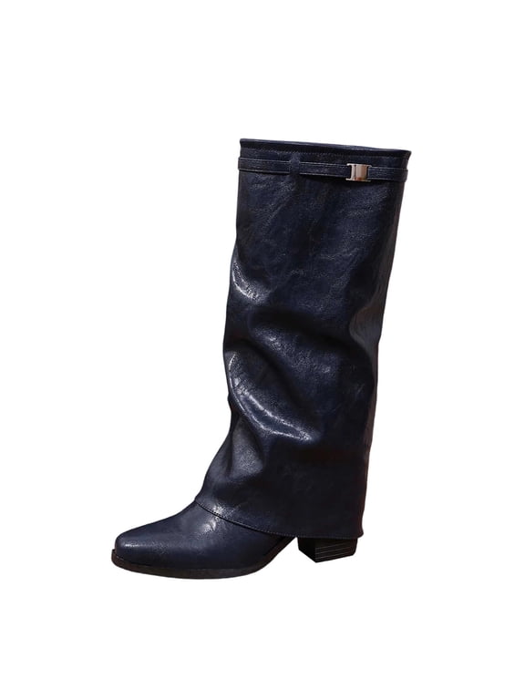 Women's Knee High Boots Casual Comfort Pointed Toe Low-Heeled Fold Over Tall Boots for Daily Wear Navy