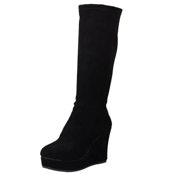 VELXRUN Women's Knee High Boots Stretch Suede Thigh High Boots High Platform Wedge Heel Long Boots Sexy Dressy Boots for Party Night Out Black