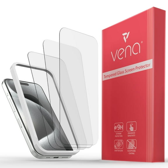 VENA HD Ultra Clear Tempered Glass Screen Protector Compatible With Apple iPhone 15 Pro Max (6.7"-inch) - 3 Packs, (9H Hardness, Shatterproof Glass) Bubble Free Film with Installation Frame