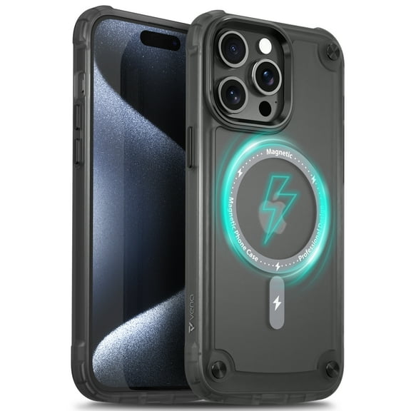 VENA Magnetic Case for iPhone 15 Pro Max (6.7”) [Compatible with Magsafe Wireless Charging], Full Body Armor, Rugged, Heavy Duty and Shockproof Phone Bumper Cover - Frosted Black