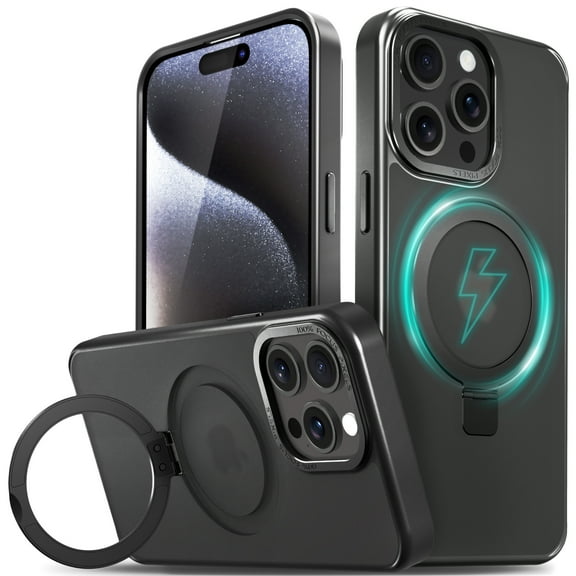 VENA Magnetic Ring Kickstand Case for iPhone 15 Pro Max (6.7") [Compatible with Magsafe] with Sturdy Stand, Drop Protection, Shockproof Translucent Back Slim Protective Phone Case - Black