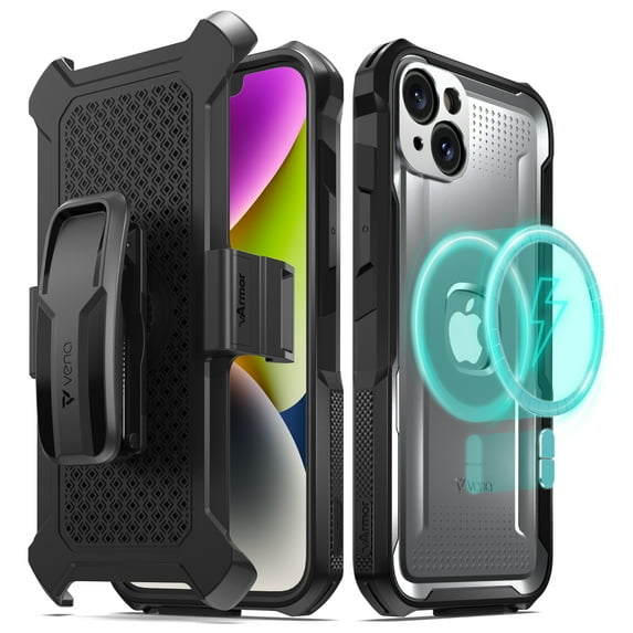 VENA vArmor Rugged Case for Apple iPhone 15 Plus/ 14 Plus (6.7"), (Military Grade Drop Protection/Armor) Magsafe Compatible and Heavy Duty Holster Belt Clip Cover with Kickstand - Graphite Gray/Black