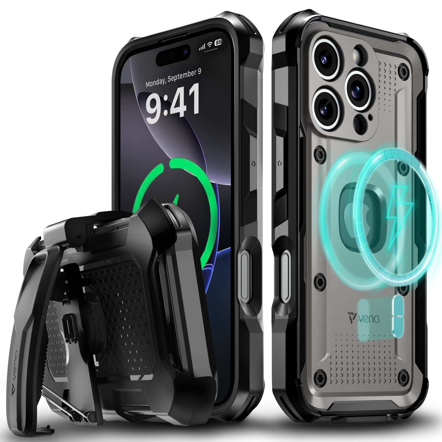 VENA vArmor Rugged Case for Apple iPhone 16 Pro (6.3"), (Military Grade Drop Protection) Magsafe Compatible and Heavy Duty Holster Belt Clip Cover with KickStand - Graphite Gray / Black