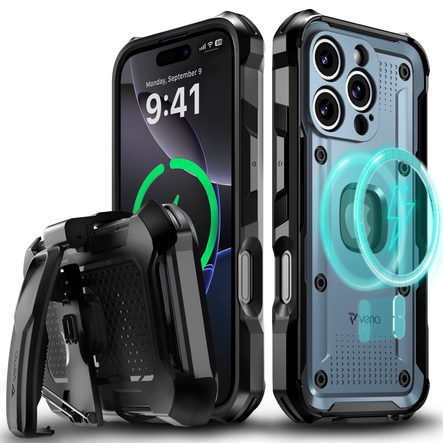 VENA vArmor Rugged Case for Apple iPhone 16 Pro (6.3"), (Military Grade Drop Protection) Magsafe Compatible and Heavy Duty Holster Belt Clip Cover with KickStand - Slate Blue / Black