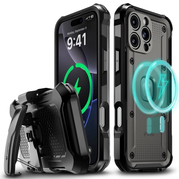 VENA vArmor Rugged Case for Apple iPhone 16 Pro Max (6.9"), (Military Grade Drop Protection) Magsafe Compatible and Heavy Duty Holster Belt Clip Cover with KickStand - Graphite Gray / Black