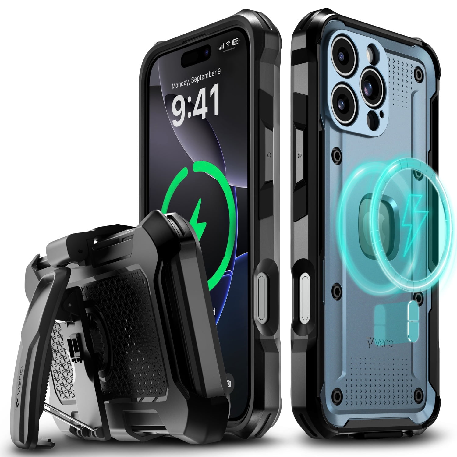 VENA vArmor Rugged Case for Apple iPhone 16 Pro Max (6.9"), (Military Grade Drop Protection) Magsafe Compatible and Heavy Duty Holster Belt Clip Cover with KickStand - Slate Blue / Black