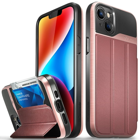 VENA vCommute Wallet Case for Apple iPhone 15 Plus / 14 Plus (6.7"), (Military Grade Drop Protection) Flip Leather Cover Card Slot Holder with Kickstand - Rose Gold / Red / Black