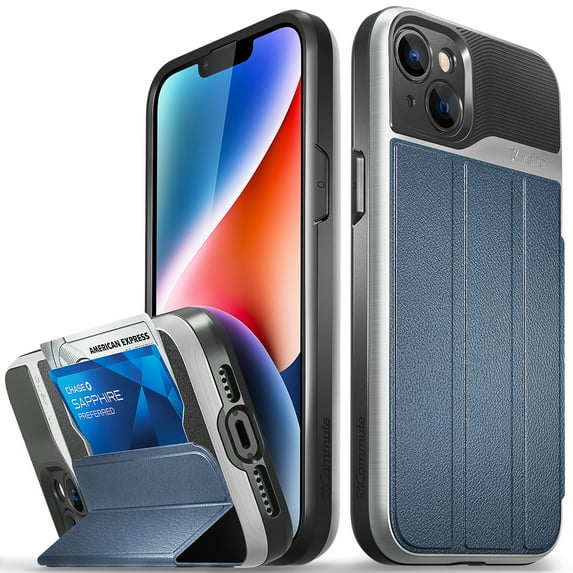 VENA vCommute Wallet Case for Apple iPhone 15 Plus / 14 Plus (6.7"), (Military Grade Drop Protection) Flip Leather Cover Card Slot Holder with Kickstand - Silver / Blue / Black