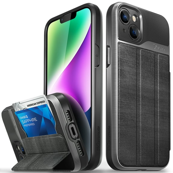 VENA vCommute Wallet Case for Apple iPhone 15 Plus / 14 Plus (6.7"), (Military Grade Drop Protection) Flip Leather Cover Card Slot Holder with Kickstand - Slate Black