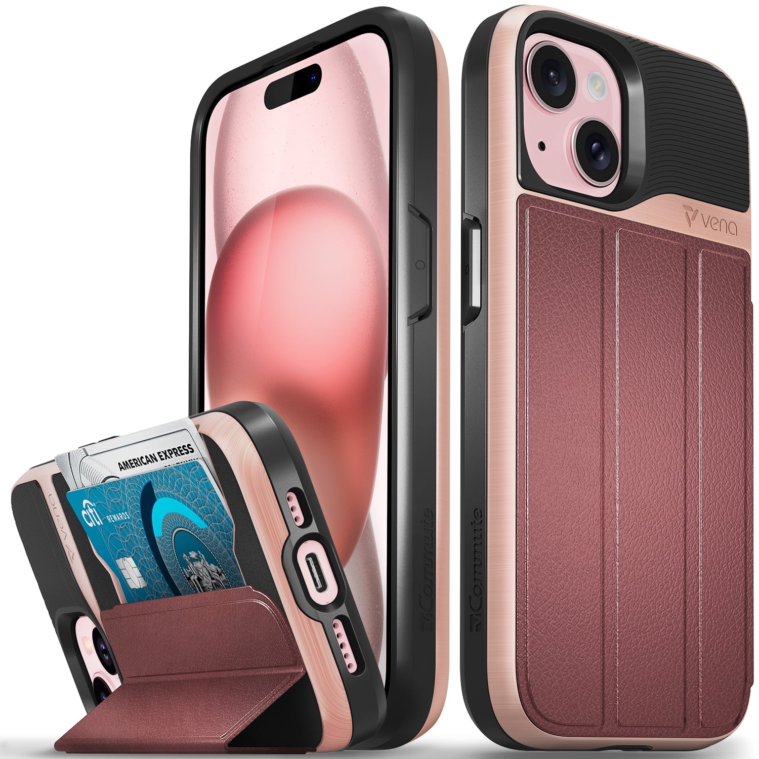 VENA vCommute Wallet Case Compatible with Apple iPhone 15 (6.1"), (Military  Grade Drop Protection) Flip Leather Cover Card Slot Holder with Kickstand  ...