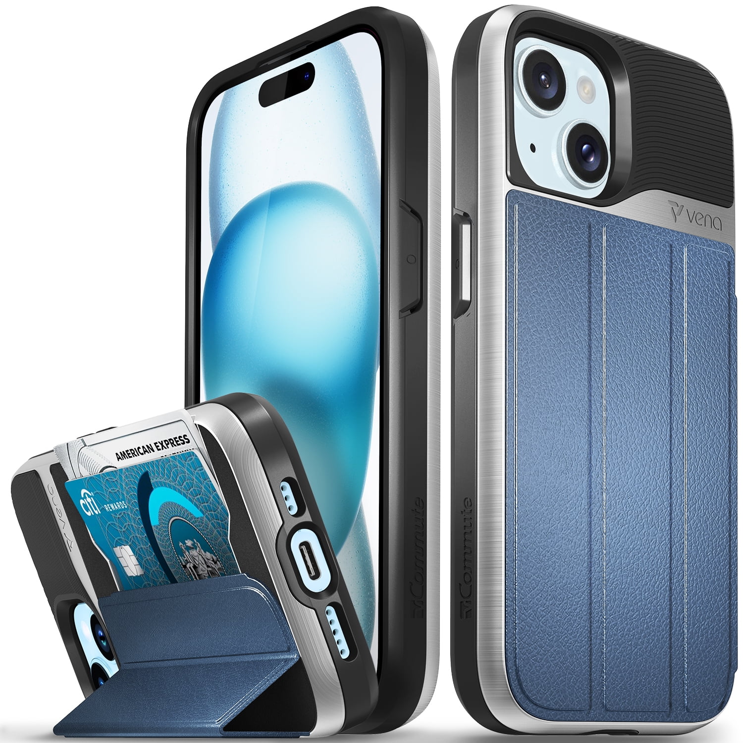 VENA vCommute Wallet Case Compatible with Apple iPhone 15 (6.1"), (Military Grade Drop Protection) Flip Leather Cover Card Slot Holder with Kickstand - Silver / Blue / Black